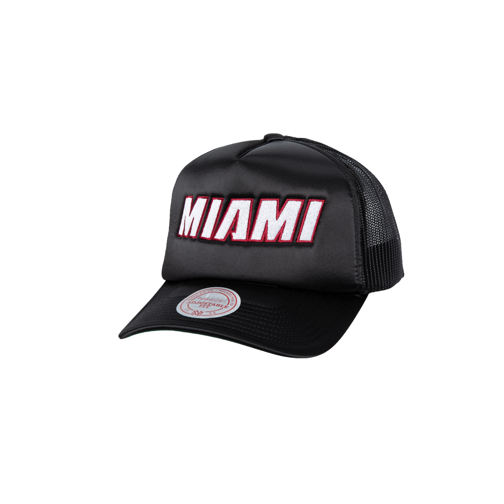 Michell & Nesss Miami HEAT Satin Trucker Hat Unisex Caps Mitchell & Ness   