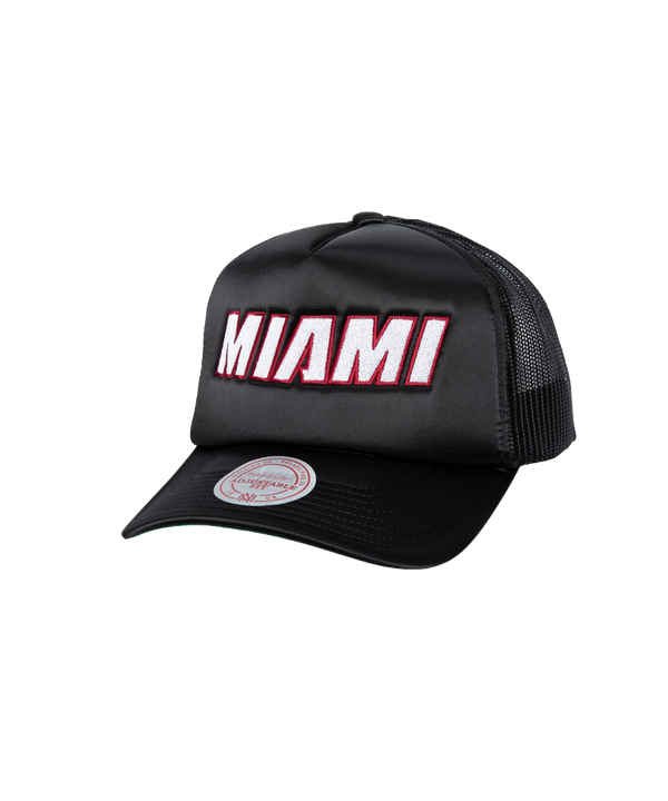 Michell & Nesss Miami HEAT Satin Trucker Hat Unisex Caps Mitchell & Ness   