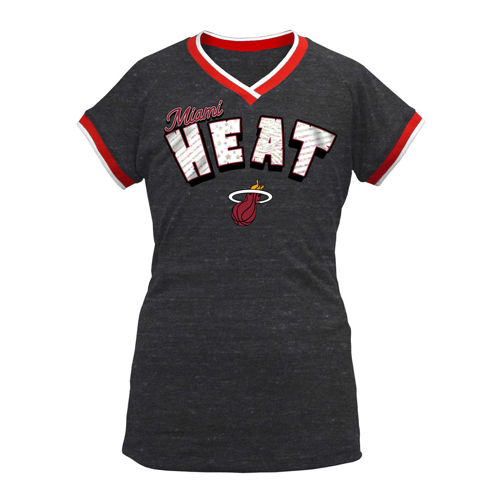 New ERA Miami HEAT Girls  Short Sleeve Triblend Black V-Neck GIRLSTEES 5TH AND OCEAN    - featured image