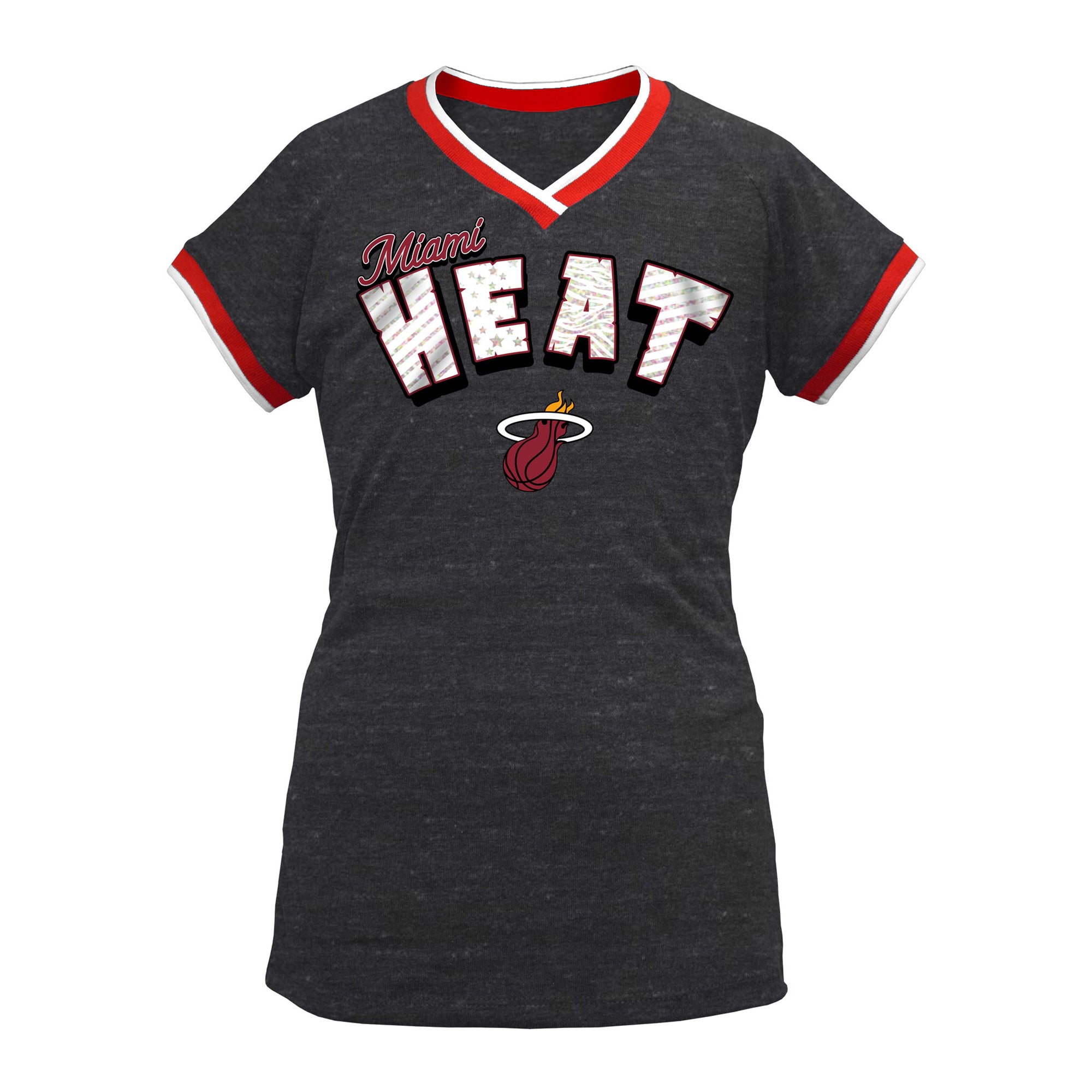 New ERA Miami HEAT Girls  Short Sleeve Triblend Black V-Neck Girls Tee New Era   