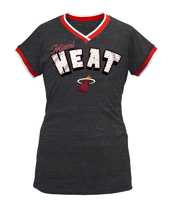 New ERA Miami HEAT Girls  Short Sleeve Triblend Black V-Neck Girls Tee New Era   